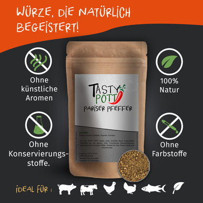 Tasty Pott Pariser Pfeffer Mix Nachfüllbeutel auf dunklem Hintergrund, umgeben von Symbolen für natürliche Zutaten und verschiedene Kochanwendungen.