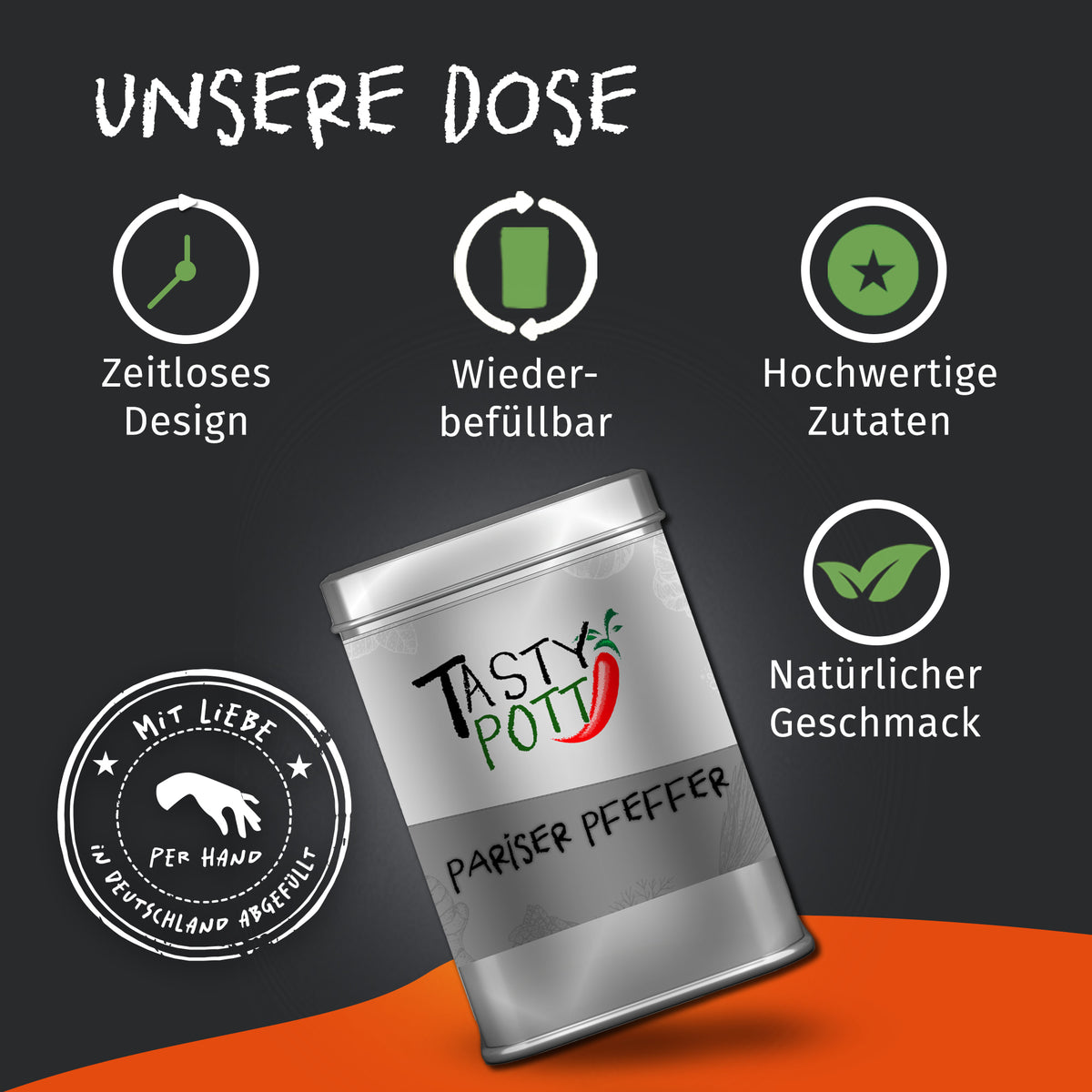 Silberne Tasty Pott Pariser Pfeffer Dose auf dunklem Hintergrund, hervorgehoben durch Icons für Design, Wiederbefüllbarkeit und hochwertige französische Gewürze.