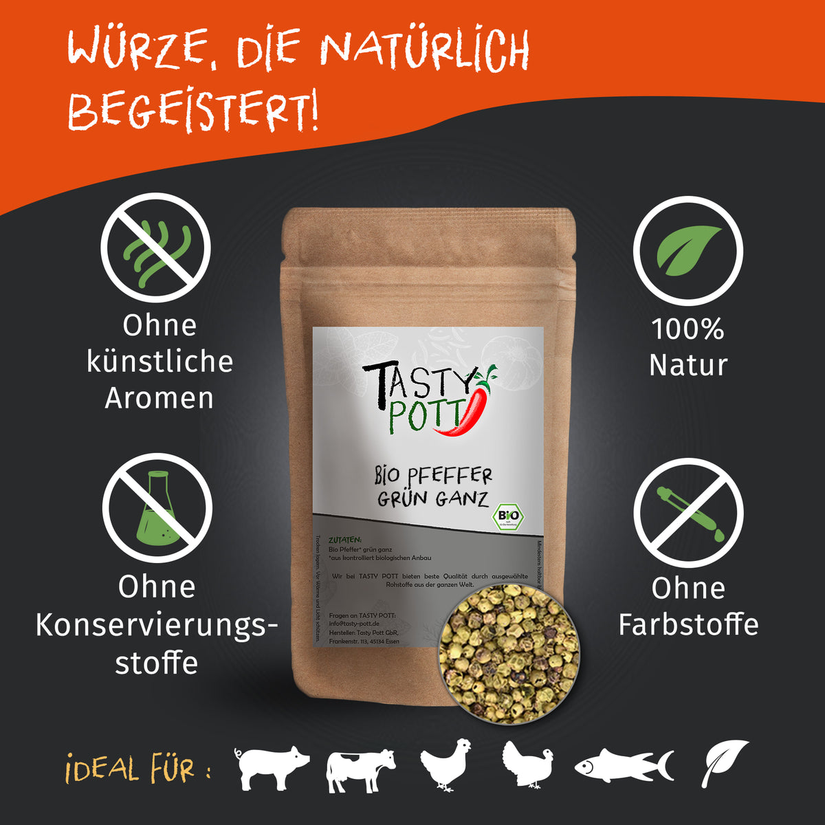 Tasty Pott Bio Pfeffer grün - grüne Pfefferkörner - 40g Dose — Abbildung 2