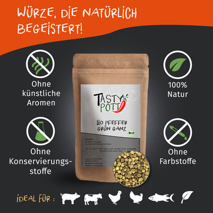 Tasty Pott Bio Pfeffer grün ganz im braunen Nachfüllbeutel, umgeben von Symbolen für natürliche Zutaten und ohne Zusatzstoffe, auf dunklem Hintergrund.