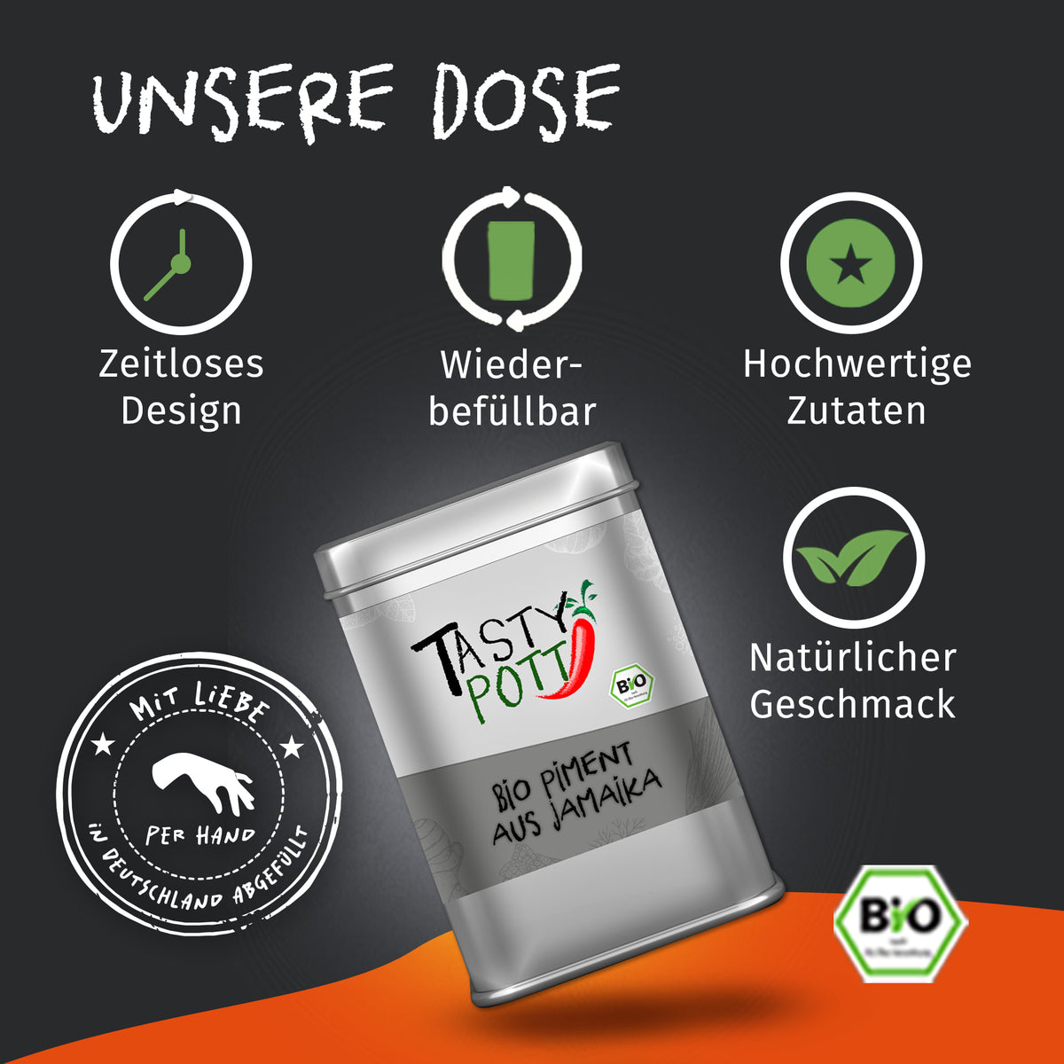 Tasty Pott Bio Piment ganz Dose schräg auf dunklem Hintergrund, mit Icons für zeitloses Design und hochwertige Gewürze.