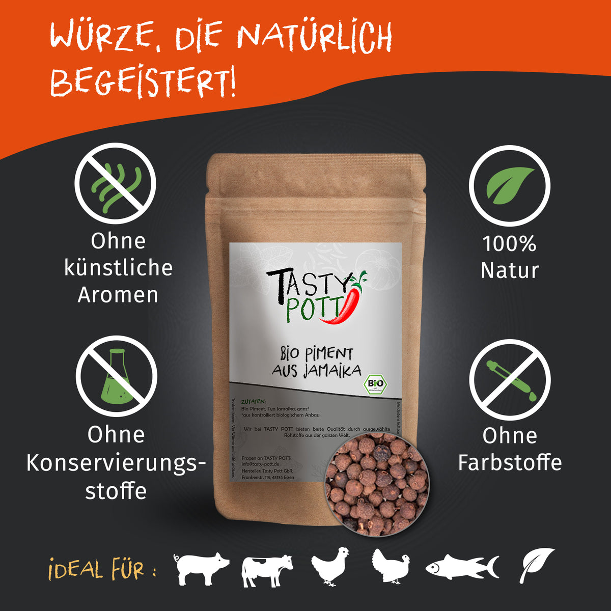 Tasty Pott Bio Piment ganz im braunen Standbeutel, umgeben von Symbolen für natürliche Einzelgewürze ohne Zusatzstoffe.