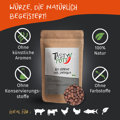 Tasty Pott Bio Piment ganz im braunen Standbeutel, umgeben von Symbolen für natürliche Einzelgewürze ohne Zusatzstoffe.
