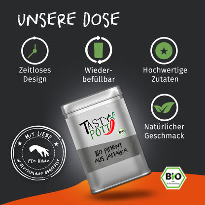 Tasty Pott Bio Piment ganz in silberner Dose, präsentiert vor dunklem Hintergrund mit Symbolen für zeitloses Design und Wiederbefüllbarkeit.