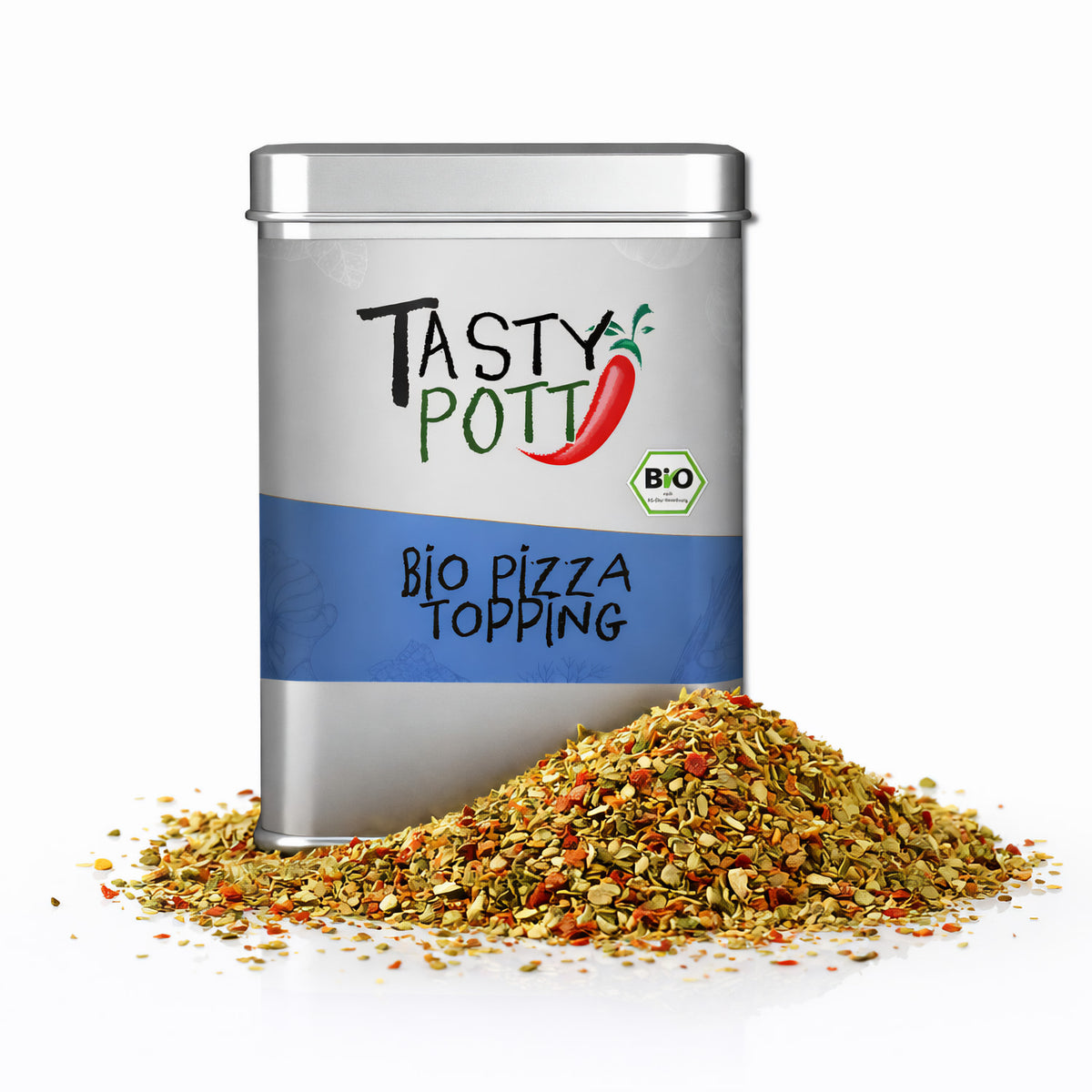 Tasty Pott Bio Pizza Topping Dose mit geöffnetem Deckel, davor ein Haufen bunter Gewürzmischung auf weißem Hintergrund.