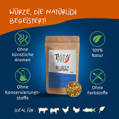 Tasty Pott Bio Pizza Topping im braunen Nachfüllbeutel mit Sichtfenster, daneben eine kleine Schale mit Kräutermischung und Symbolen für natürliche gewürze.