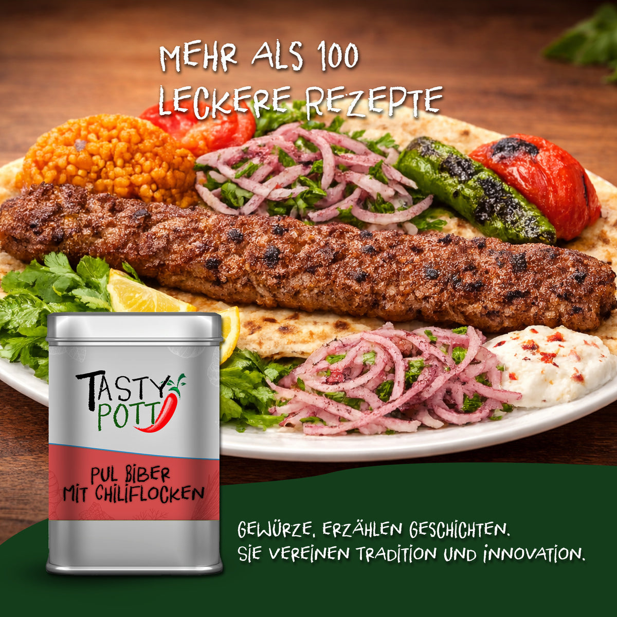 Tasty Pott Pul Biber mit Chiliflocken Dose vor einem Teller mit türkischem Kebab, Gemüse, Reis und Fladenbrot.