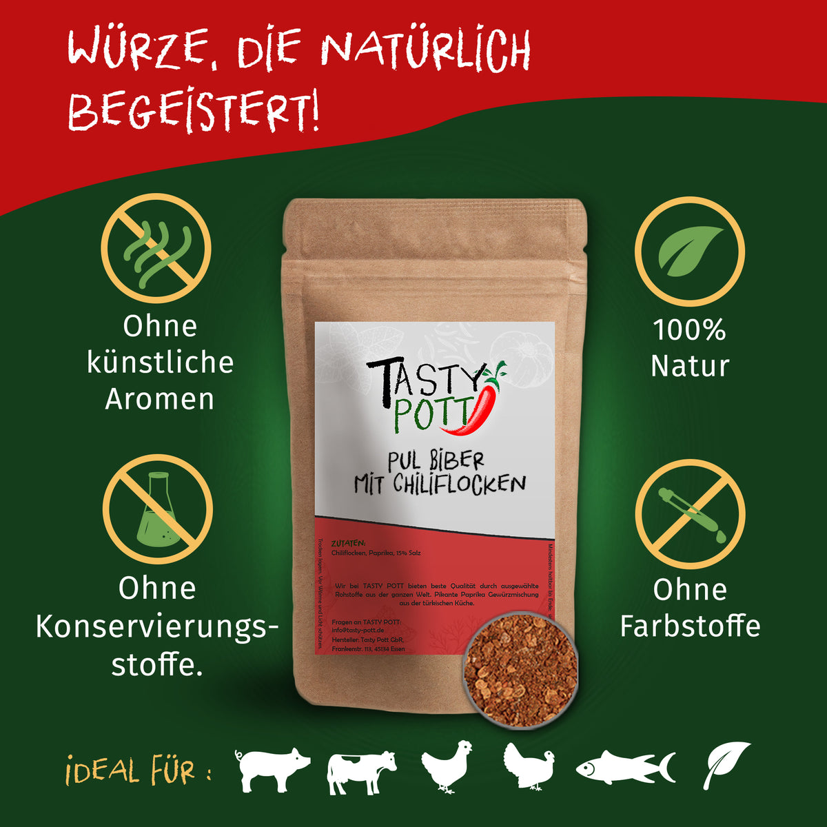 Tasty Pott Pul Biber mit Chiliflocken im braunen Beutel, umgeben von Symbolen für natürliche Zutaten und verschiedene Speisen.