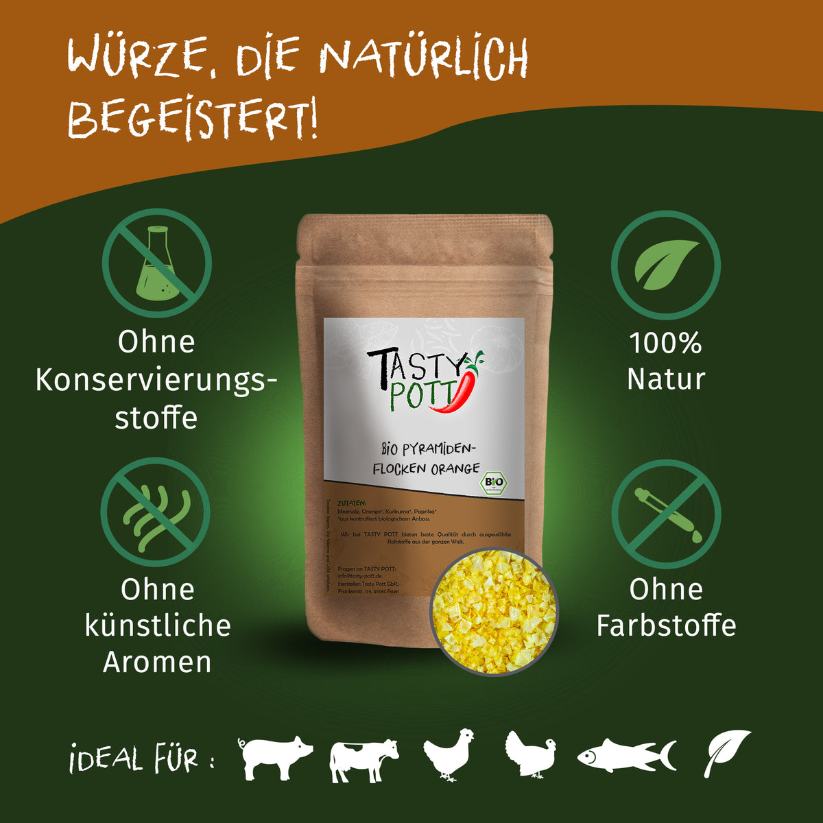 Tasty Pott Nachfüllbeutel Bio Pyramidenflocken Orange auf grünem Hintergrund, umgeben von Icons für natürliche Zutaten und ohne Zusatzstoffe.