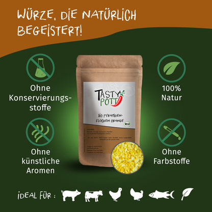 Tasty Pott Nachfüllbeutel Bio Pyramidenflocken Orange auf grünem Hintergrund, umgeben von Icons für natürliche Zutaten und ohne Zusatzstoffe.