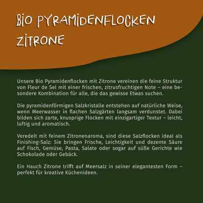 Texttafel mit Beschreibung der Bio Pyramidenflocken Zitrone auf grün-braunem Hintergrund, ohne sichtbares Produkt.