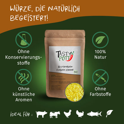 Brauner Beutel Bio Pyramidenflocken Zitrone von Tasty Pott auf grünem Hintergrund, umgeben von Symbolen für natürliche Zutaten und ohne Zusatzstoffe.