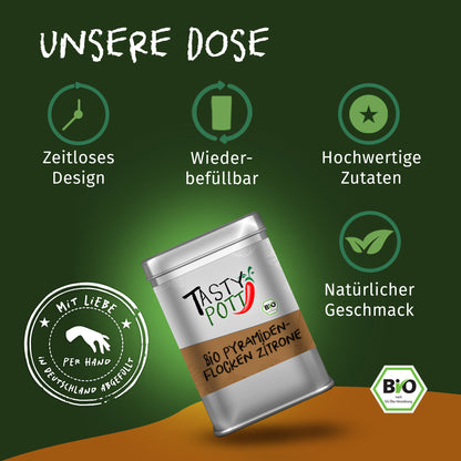 Tasty Pott Bio Pyramidenflocken Zitrone Dose schräg stehend auf grünem Hintergrund mit Icons für Design, Wiederbefüllbarkeit und natürliche Zutaten.