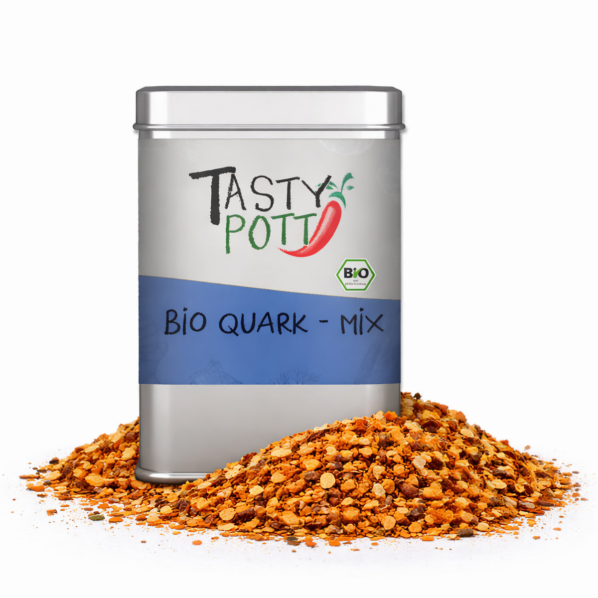 Tasty Pott Bio Quark Gewürzmischung in silberner Dose, umgeben von einem Haufen bunter Gewürze.