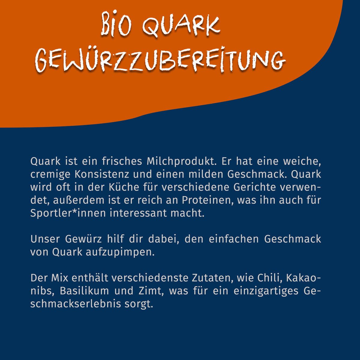 Texttafel mit Informationen zur Bio Quark Gewürzmischung von Tasty Pott, Beschreibung der Verwendung und Zutaten auf blau-orangem Hintergrund.