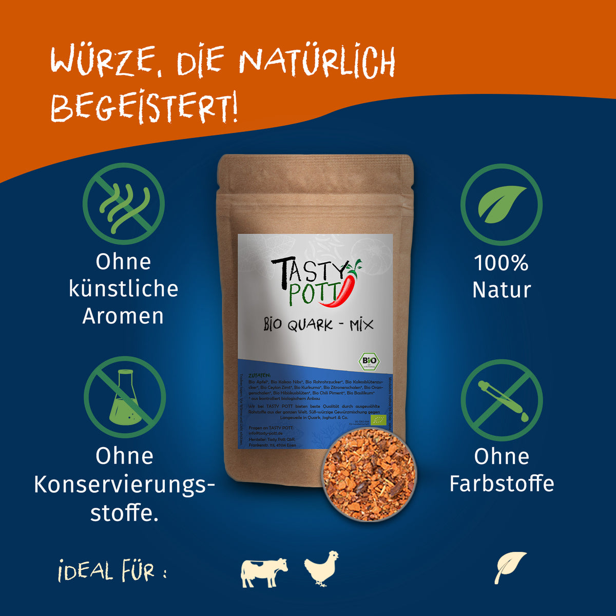 Tasty Pott Bio Quark Gewürzmischung im braunen Nachfüllbeutel, umgeben von Icons für natürliche Zutaten und ohne Zusatzstoffe auf blauem Hintergrund.