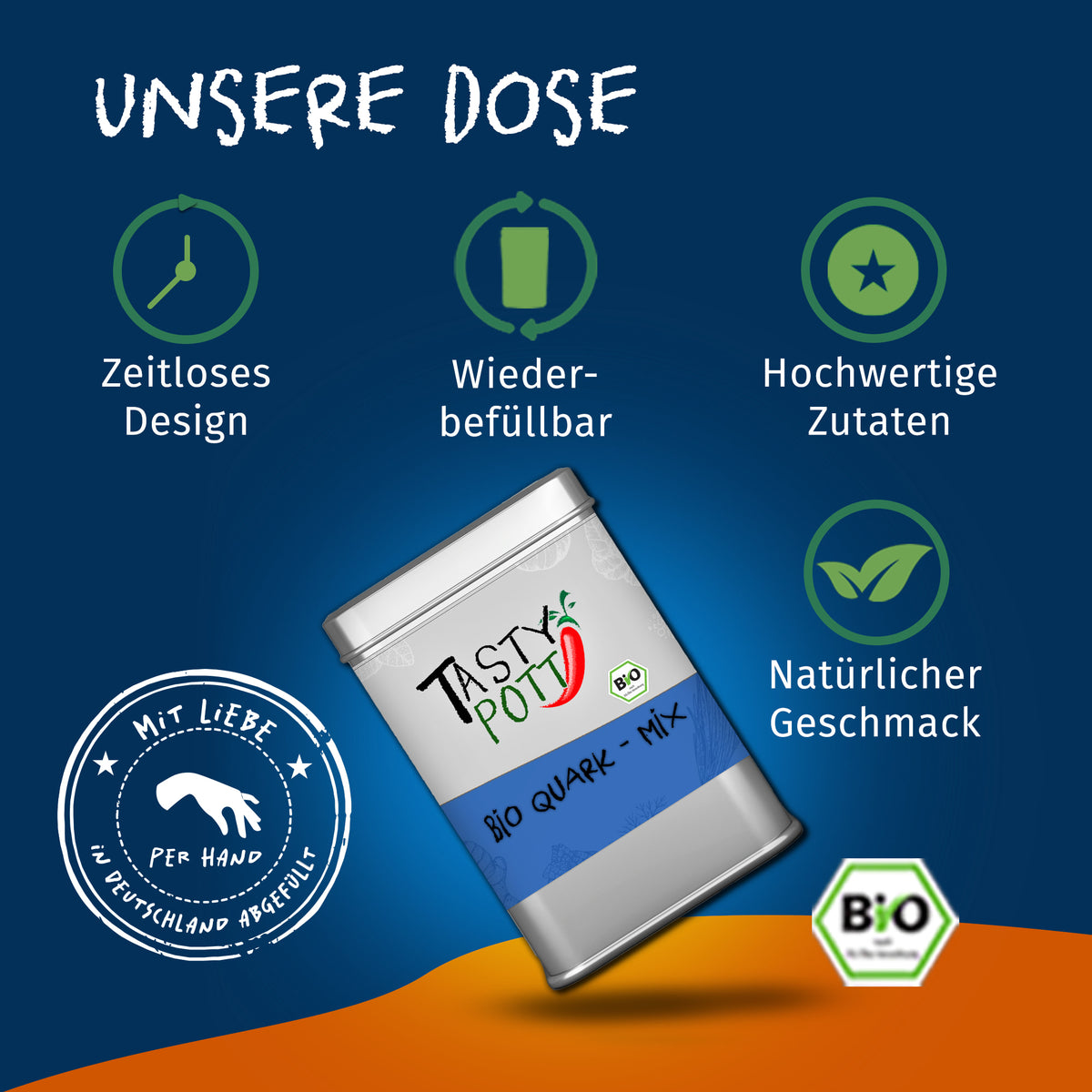 Tasty Pott Quarkgewürz in silberner Dose, daneben Icons für zeitloses Design, Wiederbefüllbarkeit und hochwertige Zutaten auf blau-orangem Hintergrund.