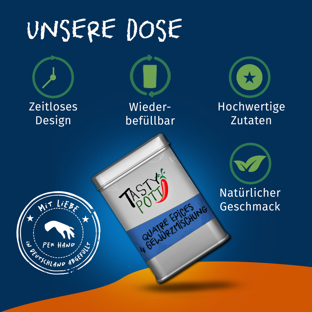 Silberne Dose der Tasty Pott Quatre Epices 4 Gewürzmischung auf blauem Hintergrund, hervorgehoben als wiederbefüllbar und mit zeitlosem Design.