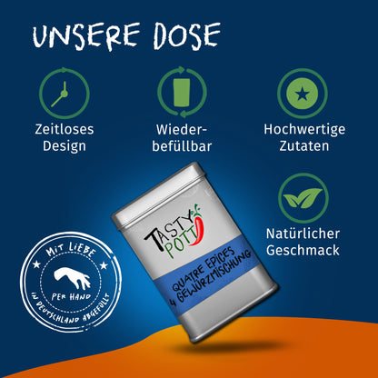 Silberne Dose der Tasty Pott Quatre Epices 4 Gewürzmischung auf blauem Hintergrund, hervorgehoben als wiederbefüllbar und mit zeitlosem Design.