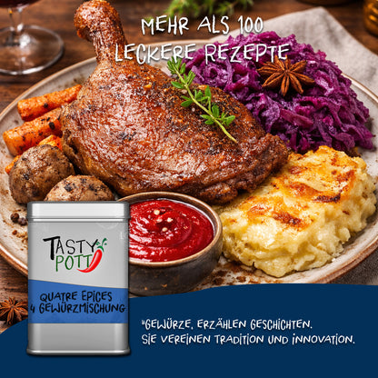 Serviervorschlag mit gebratener Ente, Rotkohl, Kartoffelgratin und Tasty Pott Quatre Epices 4 Gewürzmischung in der Dose im Vordergrund.