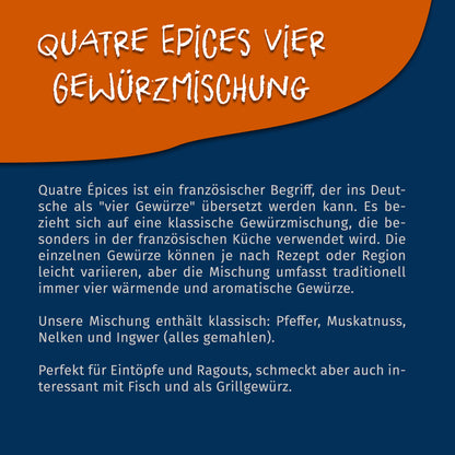Texttafel mit Beschreibung der Quatre Epices 4 Gewürzmischung von Tasty Pott, Zutaten und Verwendungsmöglichkeiten für Kochen und Backen.