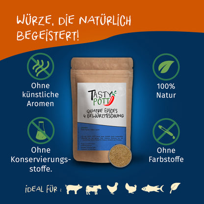 Tasty Pott Quatre Epices 4 Gewürzmischung im braunen Nachfüllbeutel, umgeben von Symbolen für natürliche Zutaten und verschiedene Verwendungszwecke wie Kochen und Backen.
