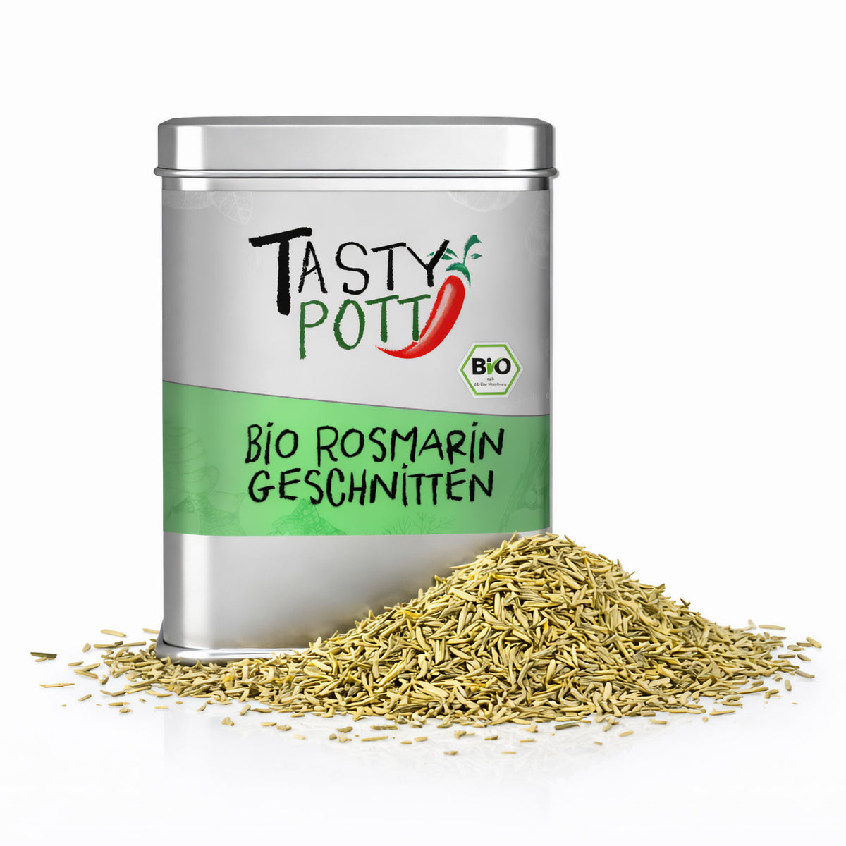 Tasty Pott Dose mit Bio Rosmarin geschnitten, davor ein Haufen getrockneter Rosmarin auf weißem Hintergrund.