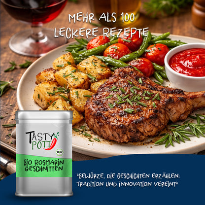 Tasty Pott Dose Bio Rosmarin geschnitten vor einem Teller mit gebratenem Fleisch, Kartoffeln und Gemüse, ideal für Kochen und Saucen.