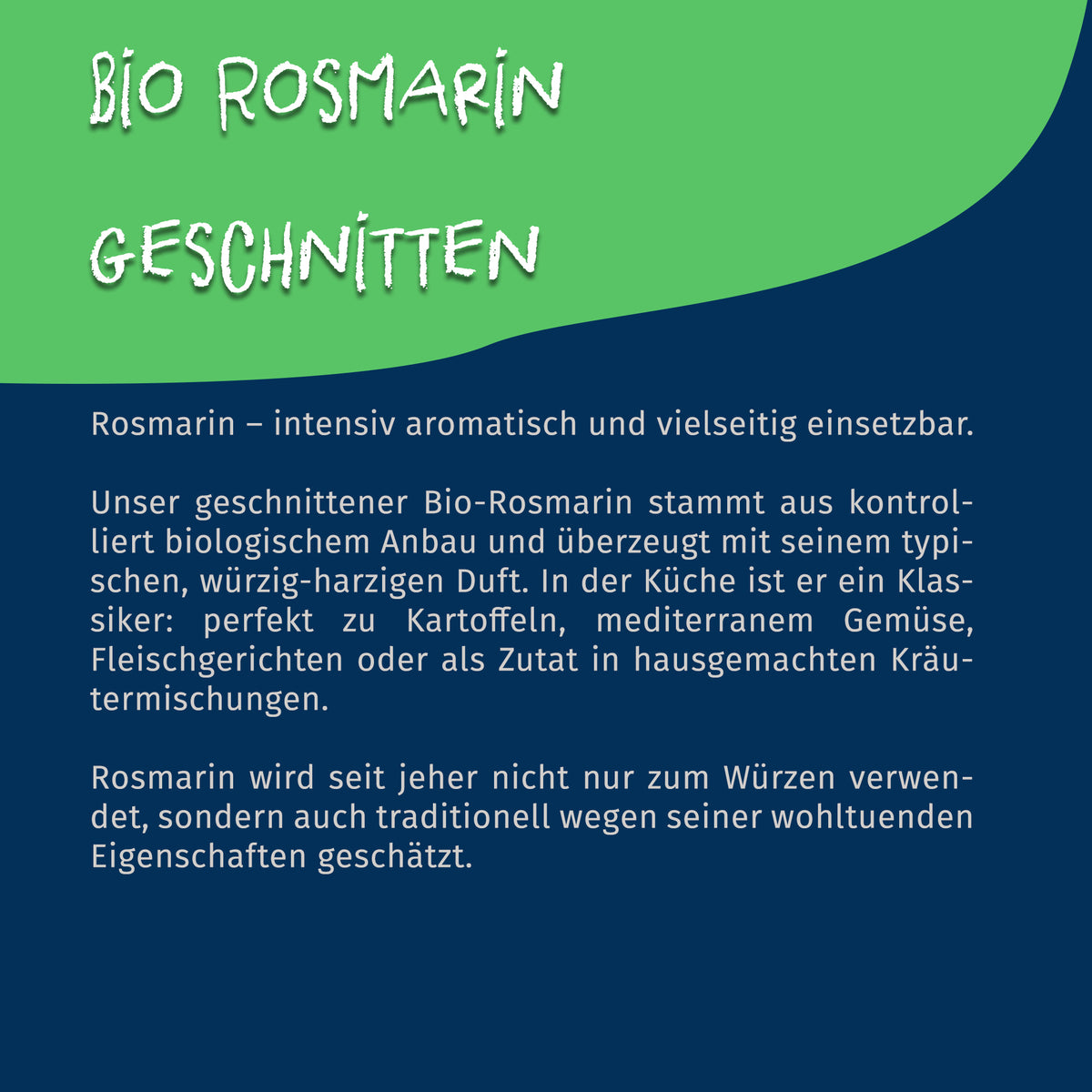 Texttafel mit Beschreibung zu Tasty Pott Bio Rosmarin geschnitten, Einsatzmöglichkeiten beim Kochen und Backen hervorgehoben.