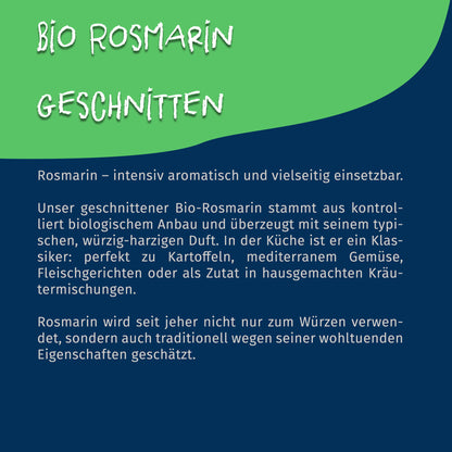 Texttafel mit Beschreibung zu Tasty Pott Bio Rosmarin geschnitten, Einsatzmöglichkeiten beim Kochen und Backen hervorgehoben.