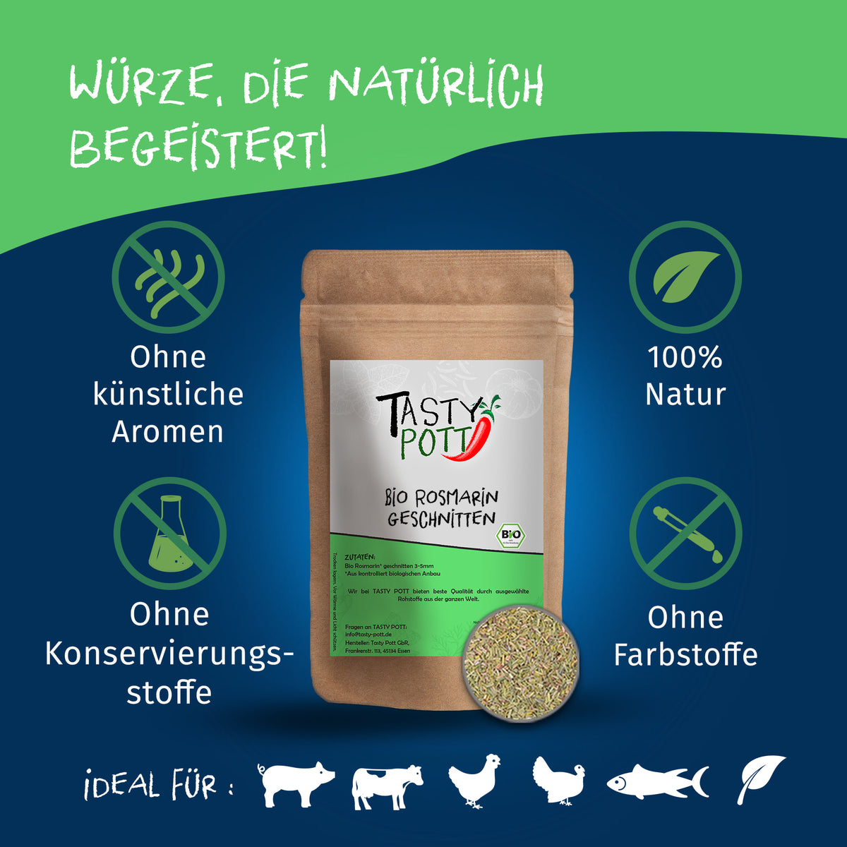 Tasty Pott Bio Rosmarin geschnitten im braunen Beutel, umgeben von Symbolen für natürliche Einzelgewürze und Hinweise auf Kochen und Backen.