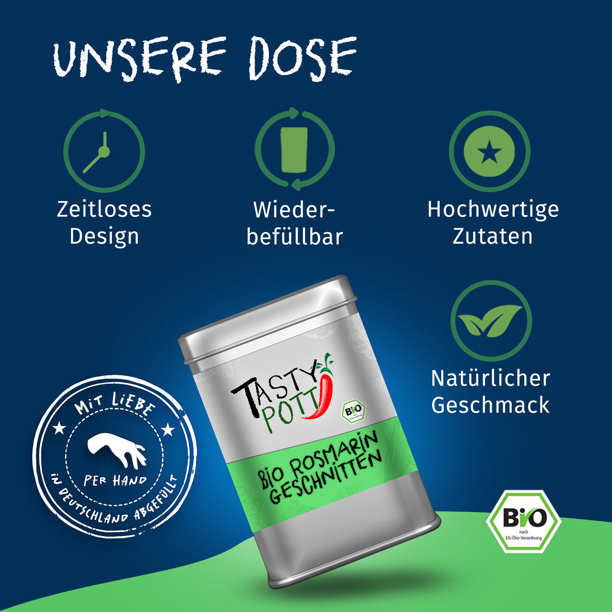 Tasty Pott Dose Bio Rosmarin geschnitten auf blau-grünem Hintergrund mit Icons für wiederbefüllbare Dose und hochwertige Gewürze.