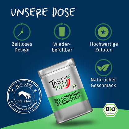 Tasty Pott Dose Bio Rosmarin geschnitten auf blau-grünem Hintergrund mit Icons für wiederbefüllbare Dose und hochwertige Gewürze.