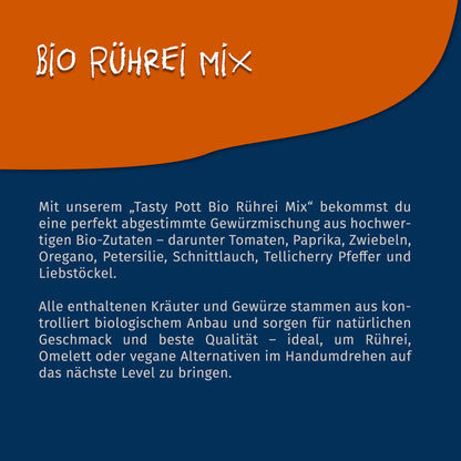 Beschreibung der Tasty Pott Bio Rührei Gewürzmischung mit Zutatenliste und Anwendungshinweisen auf blau-orangefarbenem Hintergrund.