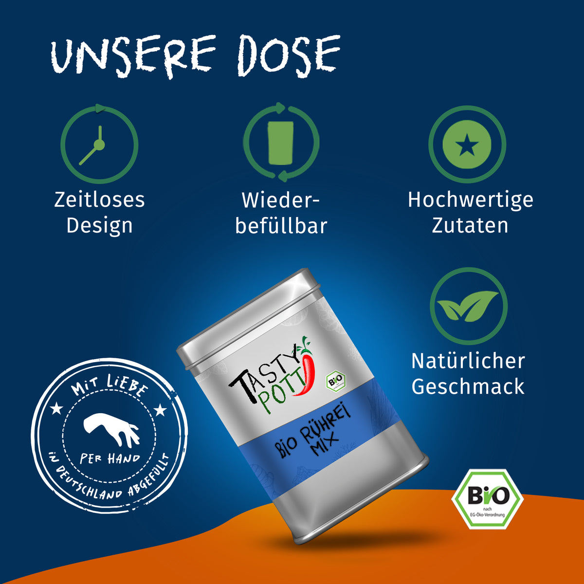 Tasty Pott Bio Rührei Gewürzmischung Dose auf blauem Hintergrund mit Icons für zeitloses Design und hochwertige gewürze.