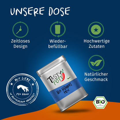 Tasty Pott Bio Rührei Gewürzmischung Dose auf blauem Hintergrund mit Icons für zeitloses Design und hochwertige gewürze.