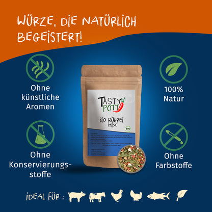 Tasty Pott Bio Rührei Mix Nachfüllbeutel stehend auf blauem Hintergrund, umgeben von Icons für natürliche gewürze ohne Zusatzstoffe und ideal für Frühstück.