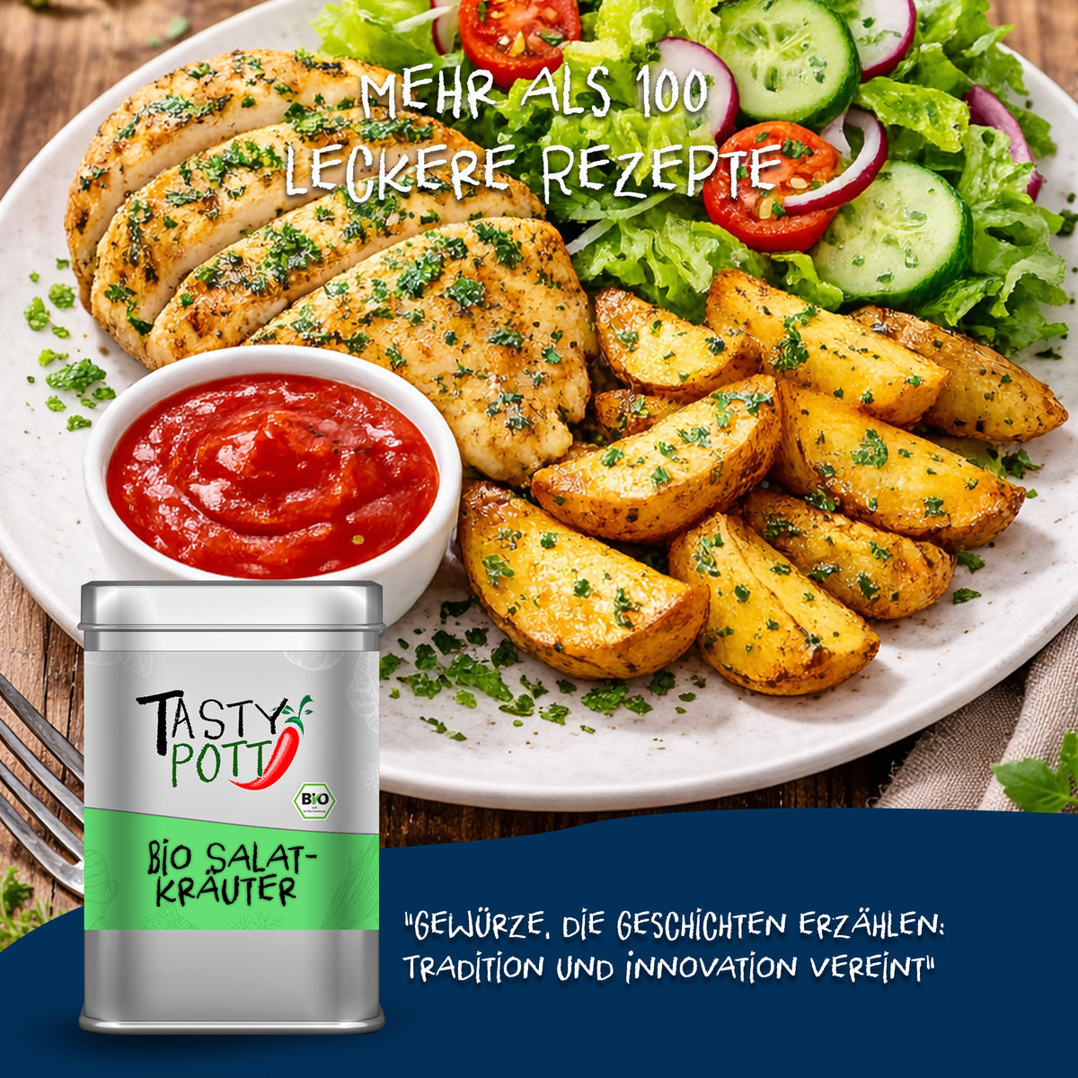 Teller mit Hähnchen, Kartoffelspalten und Salat, bestreut mit Tasty Pott Salatkräuter Gewürzmischung, daneben die Dose.