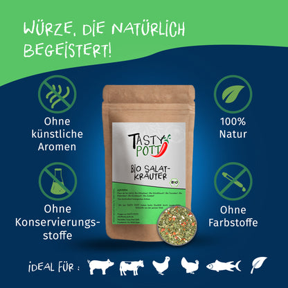 Tasty Pott Bio Salatkräuter Gewürzmischung im braunen Standbeutel mit Sichtfenster, umgeben von Icons zu natürlichen Eigenschaften.