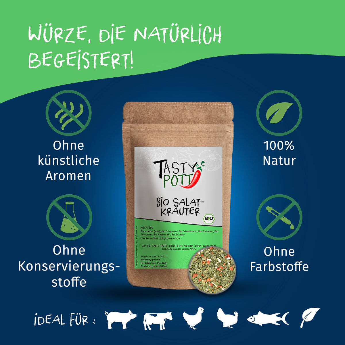 Tasty Pott Salatkräuter Nachfüllbeutel vor blau-grünem Hintergrund, umgeben von Symbolen für natürliche Zutaten und ohne Zusatzstoffe.