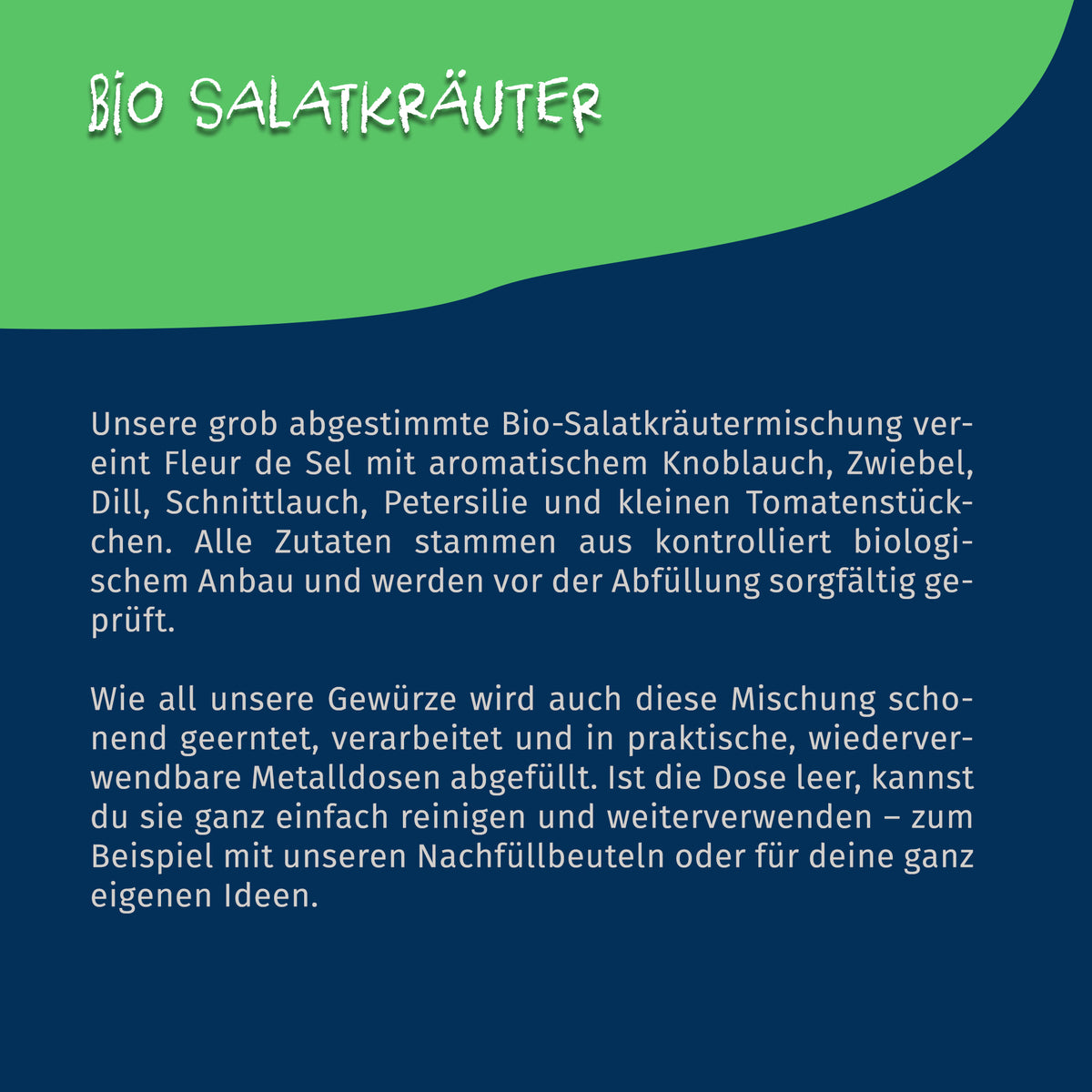 Texttafel mit Beschreibung der Tasty Pott Bio Salatkräuter Mischung und Informationen zur Herstellung und Verpackung.