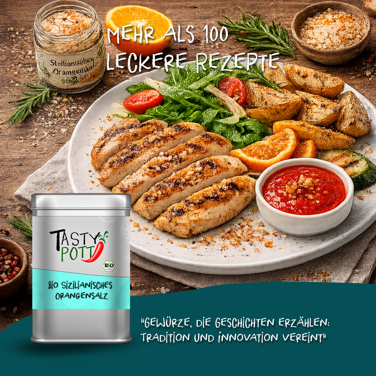 Serviervorschlag mit gegrilltem Hähnchen, Kartoffeln, Salat und Tasty Pott sizilianisches Orangensalz Dose im Vordergrund.