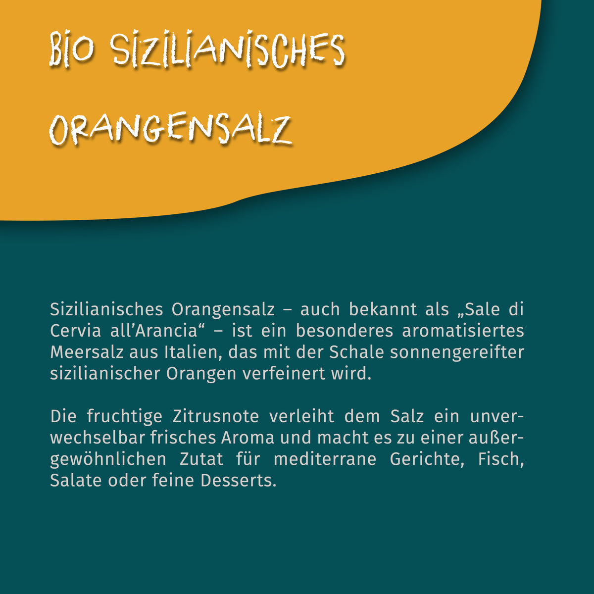 Texttafel mit Beschreibung zu sizilianischem Orangensalz von Tasty Pott auf grün-gelbem Hintergrund.