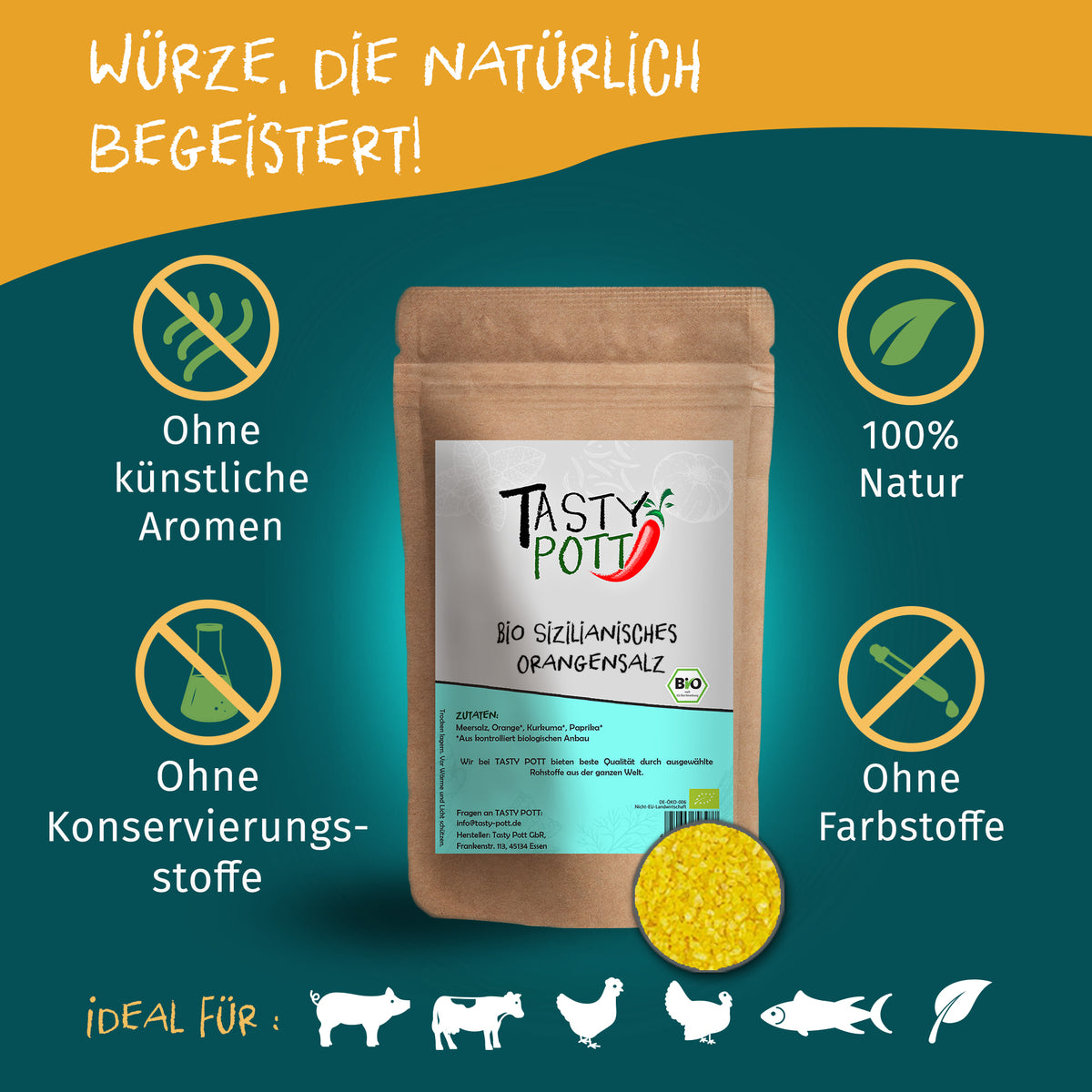 Tasty Pott sizilianisches Orangensalz Nachfüllbeutel vor grünem Hintergrund, umgeben von Symbolen für natürliche Zutaten und ohne Zusatzstoffe.