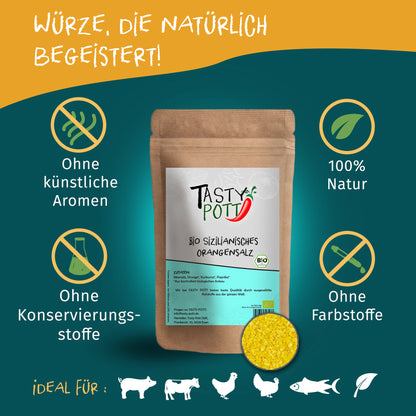 Tasty Pott sizilianisches Orangensalz Nachfüllbeutel vor grünem Hintergrund, umgeben von Symbolen für natürliche Zutaten und ohne Zusatzstoffe.