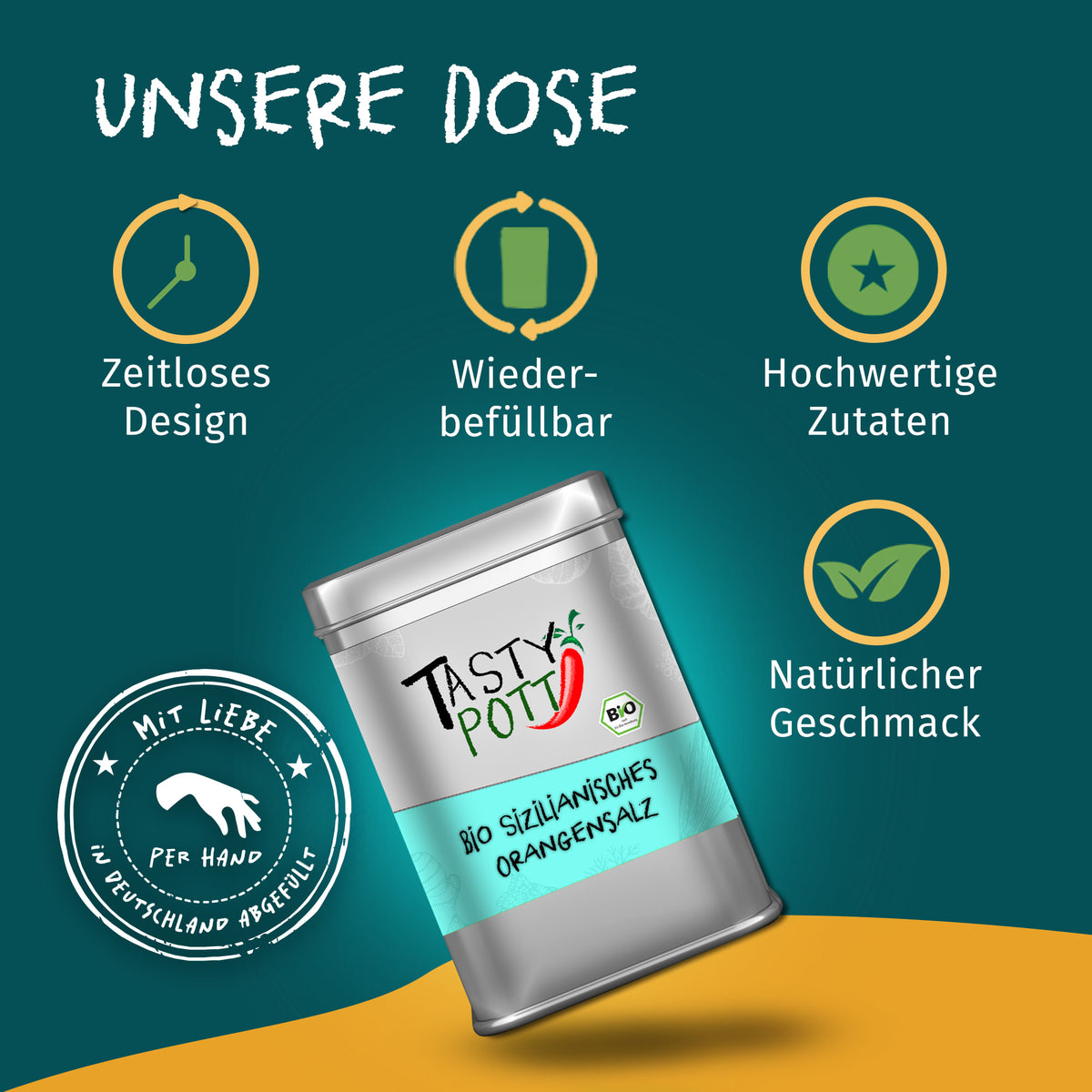 Silberne Dose Tasty Pott sizilianisches Orangensalz auf grünem Hintergrund mit Icons für Design, Wiederbefüllbarkeit und natürliche gewürze.
