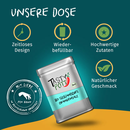 Silberne Dose Tasty Pott sizilianisches Orangensalz auf grünem Hintergrund mit Icons für Design, Wiederbefüllbarkeit und natürliche gewürze.
