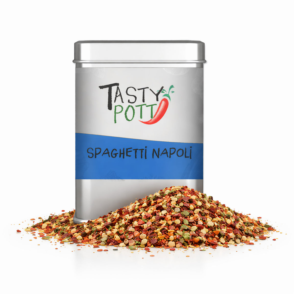 Tasty Pott Spaghetti Napoli Gewürzmischung in silberner Dose mit blauem Etikett, davor ein bunter Haufen der italienischen Gewürze.