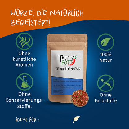 Tasty Pott Spaghetti Napoli Gewürzmischung im braunen Beutel, umgeben von Symbolen für natürliche Zutaten und ohne Zusatzstoffe.