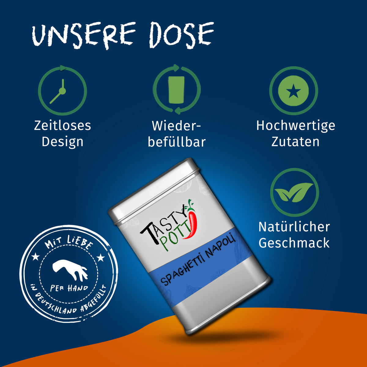 Schräg stehende Tasty Pott Spaghetti Napoli Dose auf blau-orangefarbenem Hintergrund mit Icons für Design, Wiederbefüllbarkeit und Qualität.